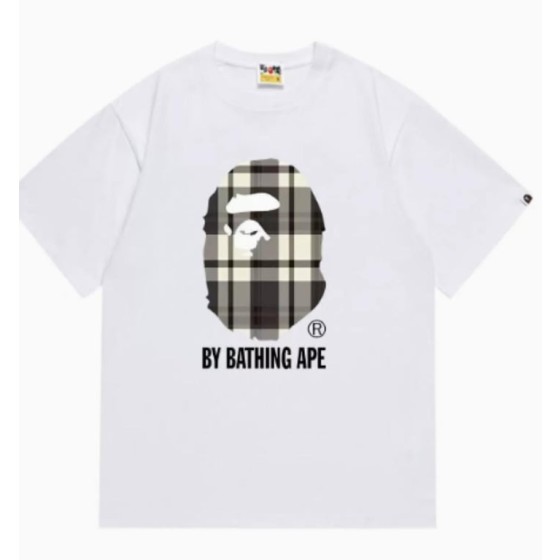 White BAPE Plaid Pattern Ape Head T-Shirt